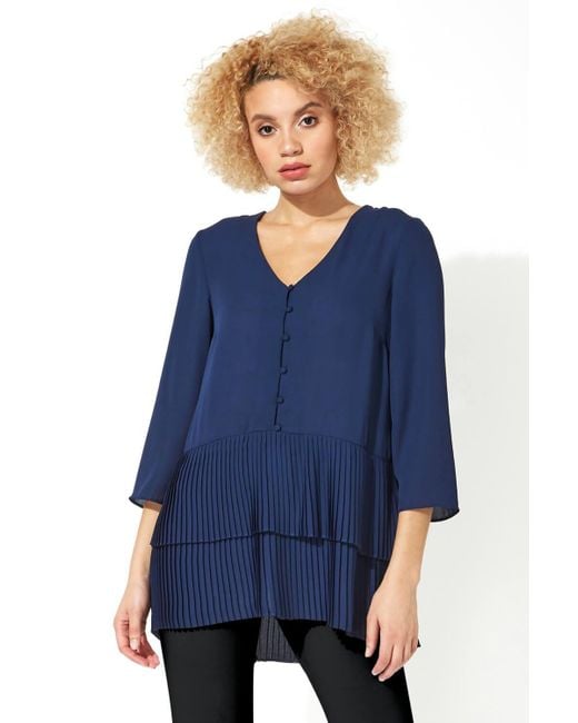 Roman Blue 3/4 Sleeve Pleated Button Front Top