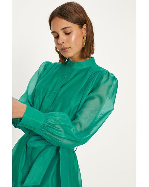 Oasis Green Bright Organza Belted Mini Shirt Dress