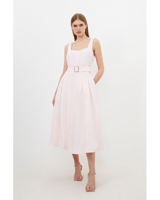 Karen Millen Pink Petite Premium Tailored Linen Square Neck Belted Midi Dress