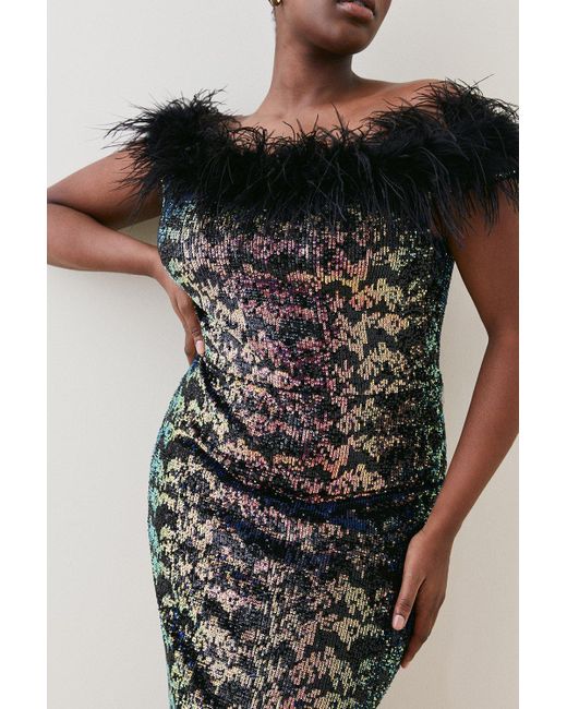 Karen Millen Multicolor Plus Size Sequin Bardot Feather Trim Midaxi Dress