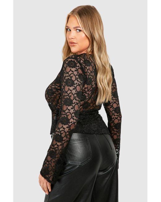 Boohoo Black Plus Asymmetric Lace Long Sleeve Top