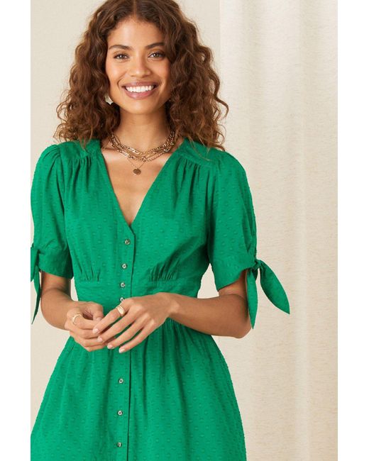 Monsoon Green Button-through Puff Sleeve Dress
