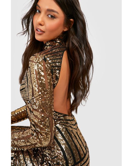 Boohoo Brown Boutique Sequin And Mesh Midi Party Dress