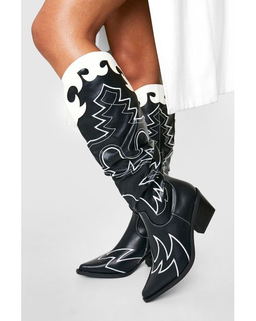Boohoo Black Contrast Stitch Embroidered Western Cowboy Boots