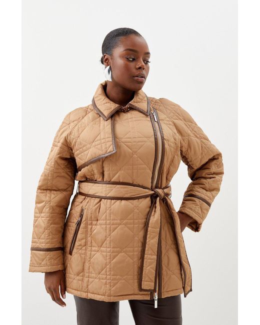Karen Millen Brown Plus Size Diamond Quilt Contrast Binding Short Trench Coat