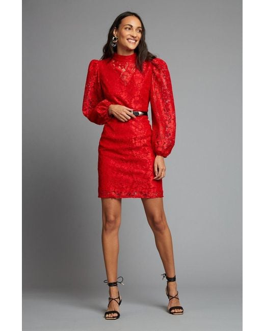 Dorothy Perkins Red Lace High Neck Mini Dress