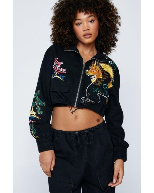 Nasty Gal Blue Embroidered Dragon Brushed Twill Crop Jacket