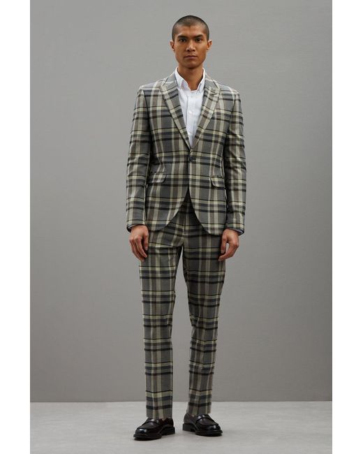 Burton Gray Skinny Fit Folk Brown Check Suit Jacket for men