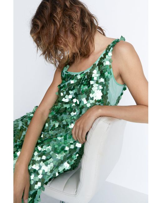 Warehouse Green Hand Embellished Sequin V Neck Midi Dress