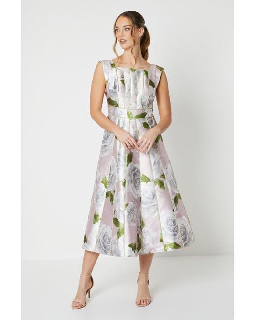 Coast White Printed Twill Seamed Midi Dress With Piping