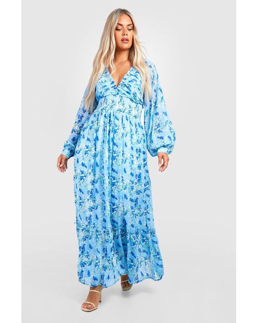 Boohoo Blue Plus Floral Dobby Mesh Shirred Waist Maxi Dress