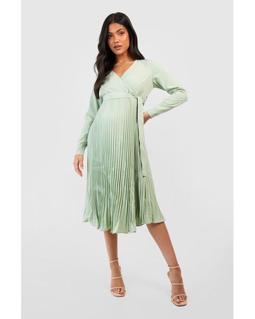 Boohoo Green Maternity Occasion Pleated Wrap Midi Dress
