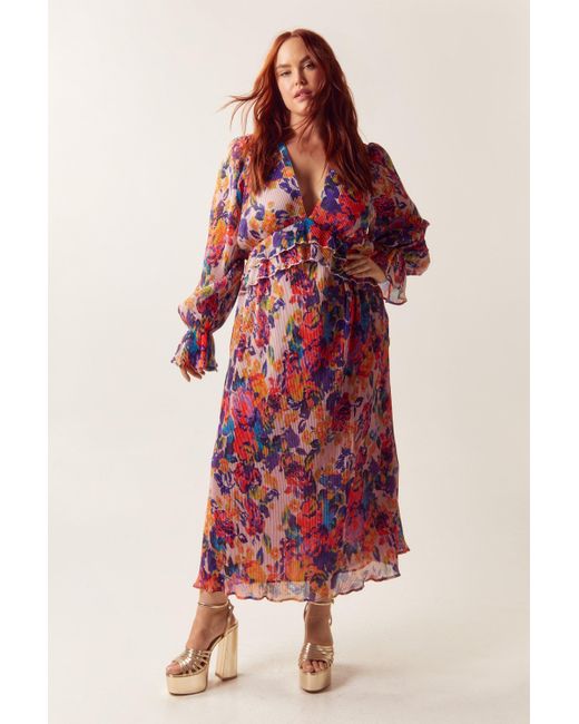 Nasty Gal Red Plus Size Floral Printed Pleated Midi Dress