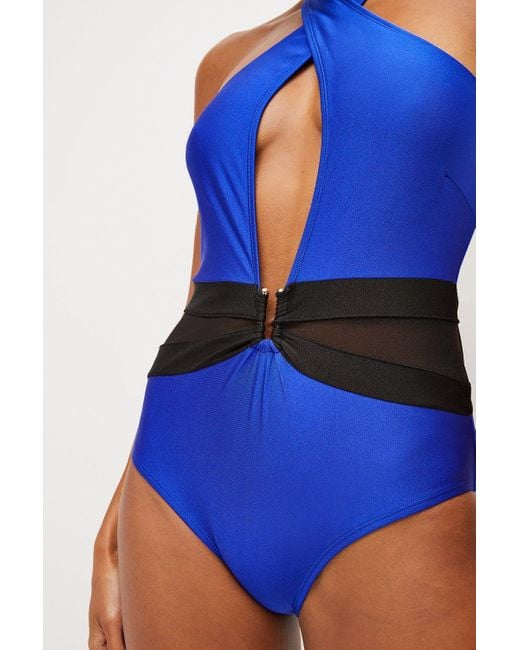 Karen Millen Blue Slinky Cross Front Colour Block Swimsuit