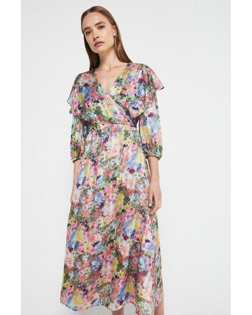 Warehouse Multicolor Wrap Dress In Floral Print