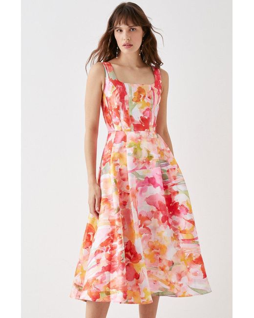 Coast Red Cut Out Twill Midi Dress In Floral Ombre