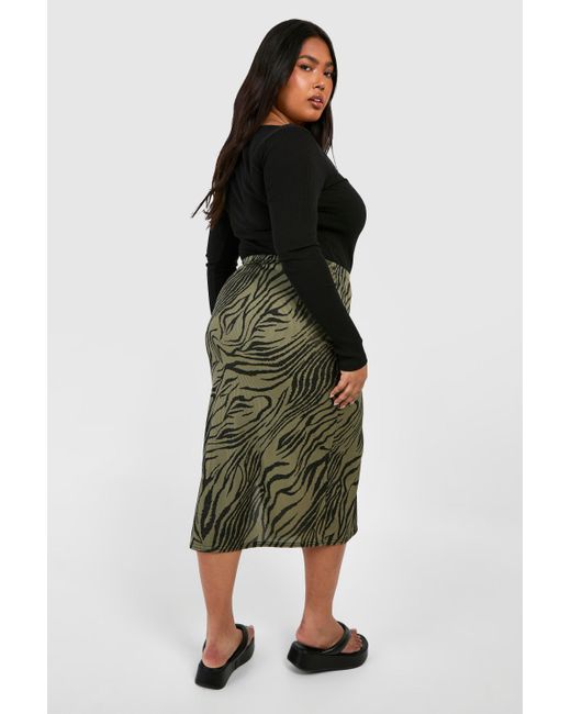 Boohoo Green Plus Zebra Print Rib Side Split Midi Skirt