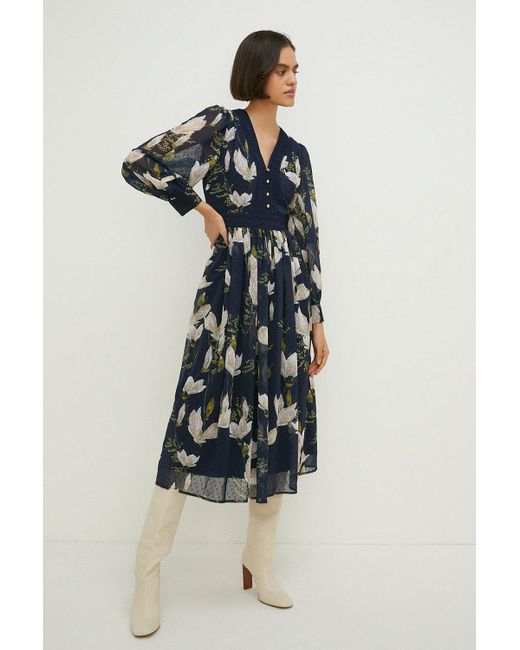 Oasis Blue Magnolia Floral Dobby Chiffon Lace V Neck Midi Dress