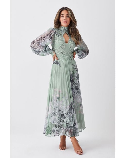 Karen Millen Multicolor Lydia Millen Floral Applique Lace Pleated Maxi Dress