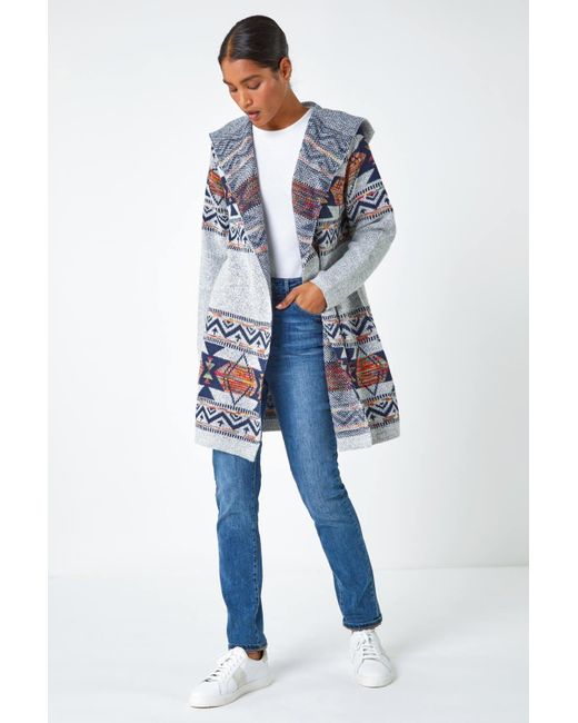 Roman Knitted Longline Hooded Cardigan in Blue | Lyst UK