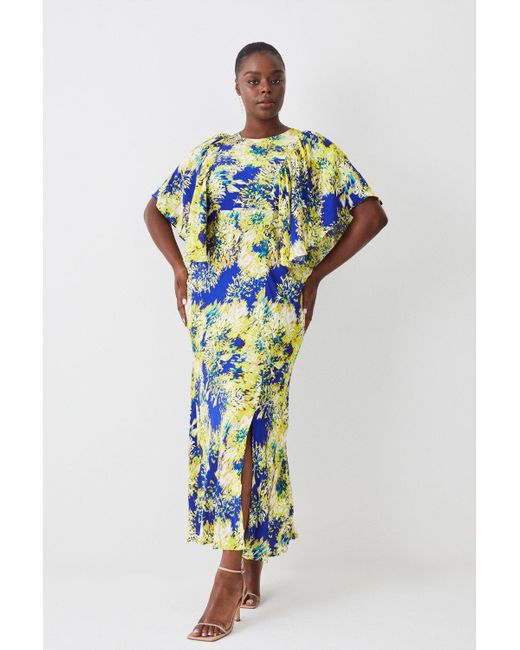 Karen Millen Blue Plus Size Exploded Floral Angel Sleeve Woven Maxi Dress