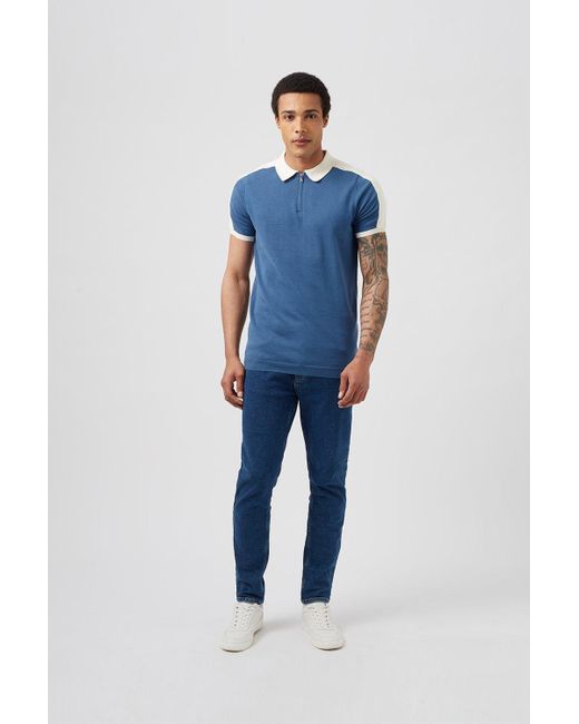 Burton Blue Relaxed Fit Overarm Stripe Zip Neck Polo for men