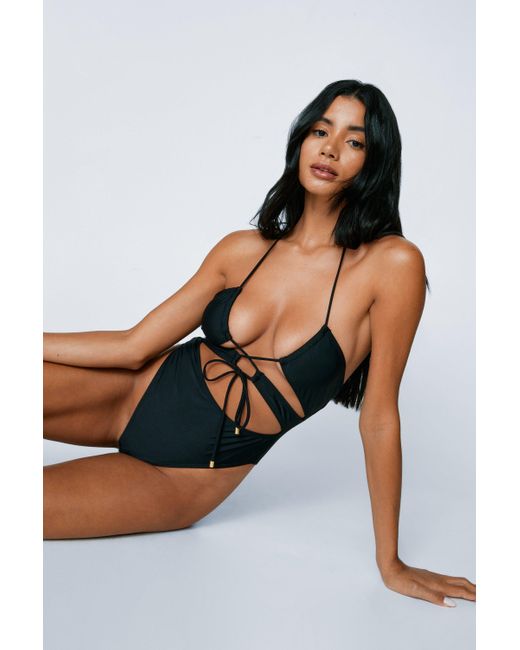 Nasty Gal Black Recycled Ruched Tie Cut Out Halterneck Swimsuit