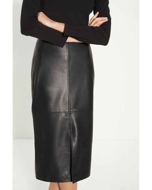 Oasis Black Leather Split Detail Midi Skirt