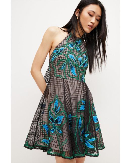 Karen Millen Green Geo And Floral Applique Organdie Mini Dress