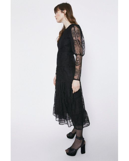 Warehouse Black Lace Tiered Midi Dress