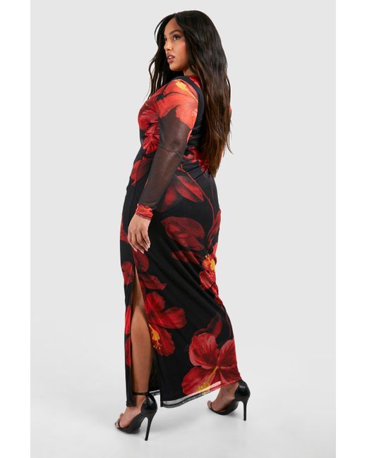 Boohoo Red Plus Floral Mesh Long Sleeve Maxi Dress
