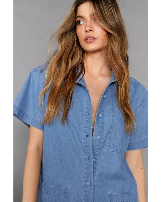 Nasty Gal Blue Chambray Denim Button Up Romper