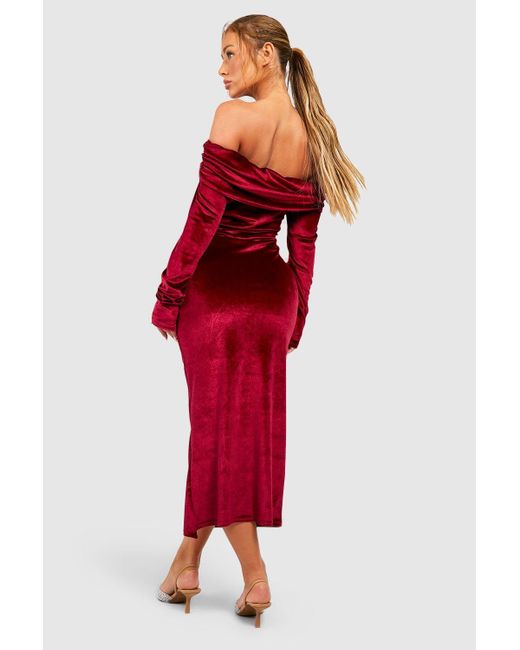 Boohoo Red Velvet Bardot Bodycon Midaxi Dress