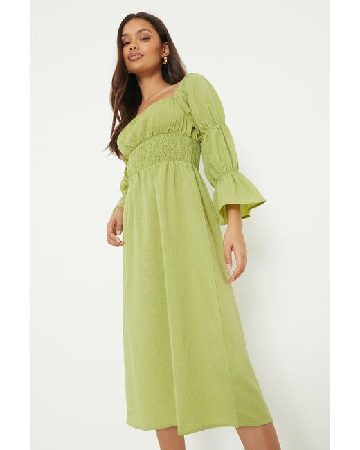 Dorothy Perkins Green Petite Lime Puff Sleeve Shirred Midi Dress