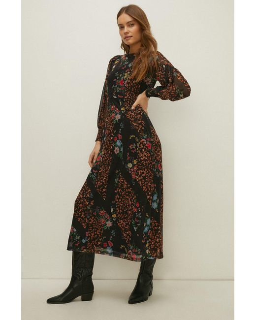 Oasis Natural Floral Print Shirred Cuff Mesh Midi Dress