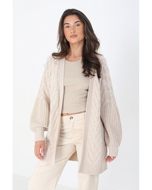 Brave Soul Natural 'cabella' Cable Detail Cardigan With Balloon Sleeves