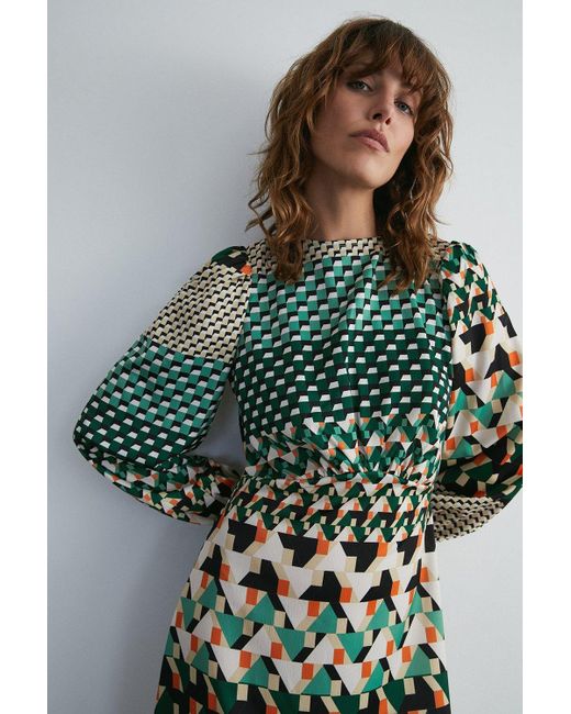 Warehouse Green Geo Print Long Sleeve Tea Midi Dress