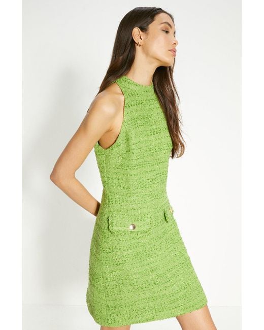 Oasis Green Tweed Fringe Pocket Detail Mini Dress