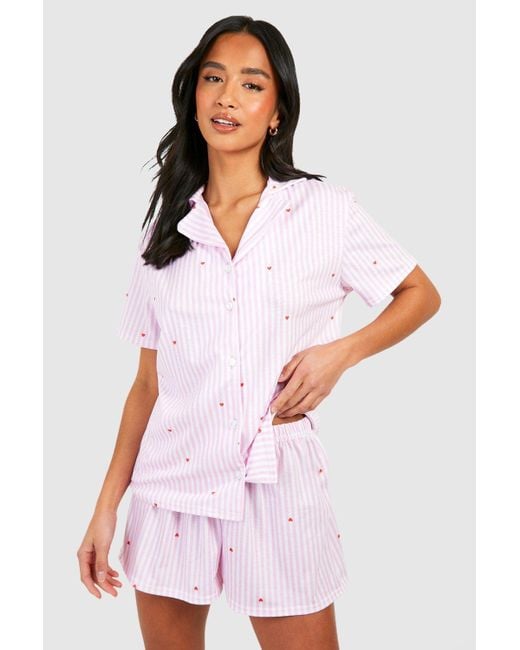 Boohoo White Petite Pinstripe Short Sleeve Pyjama Set