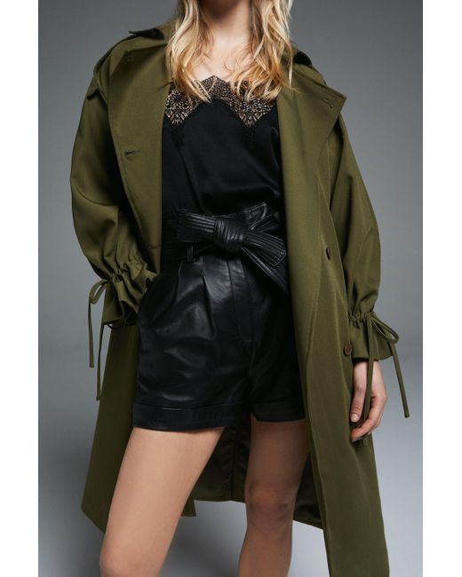 Warehouse Gray Trench Coat With Gathered Cuff Detail
