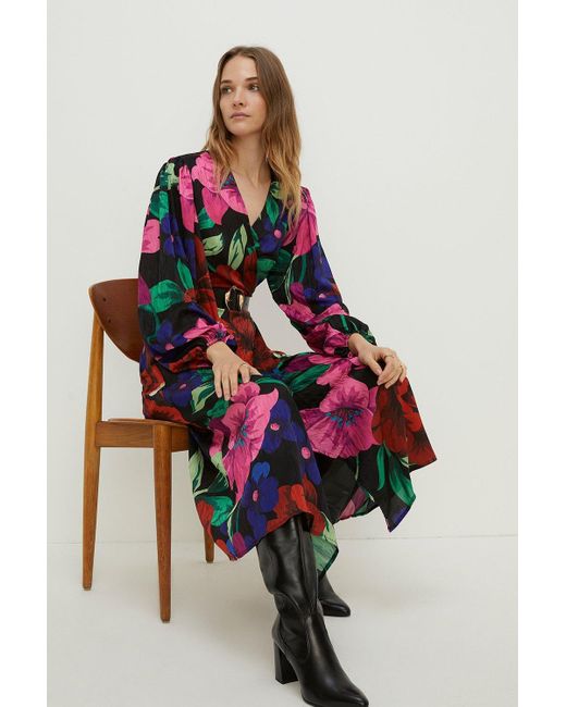 Oasis Red Large Scale Bold Floral Wrap Midi Dress