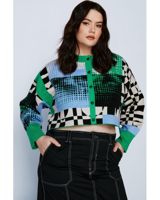 Nasty Gal Green Plus Size Graphic Checked Knitted Cardigan