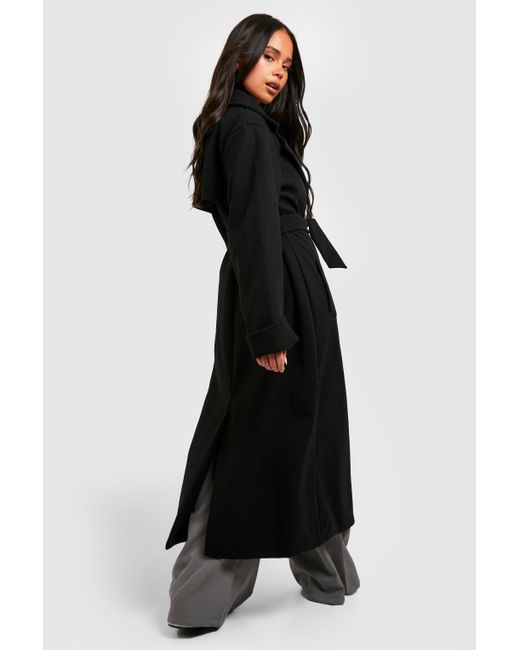 Boohoo Black Petite Oversized Belted Wool Look Coat