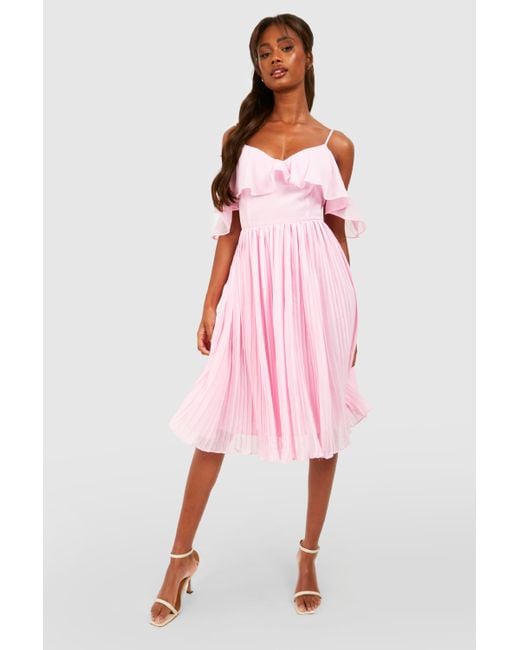Boohoo Pink Cold Shoulder Ruffle Midi Bridesmaid Dress