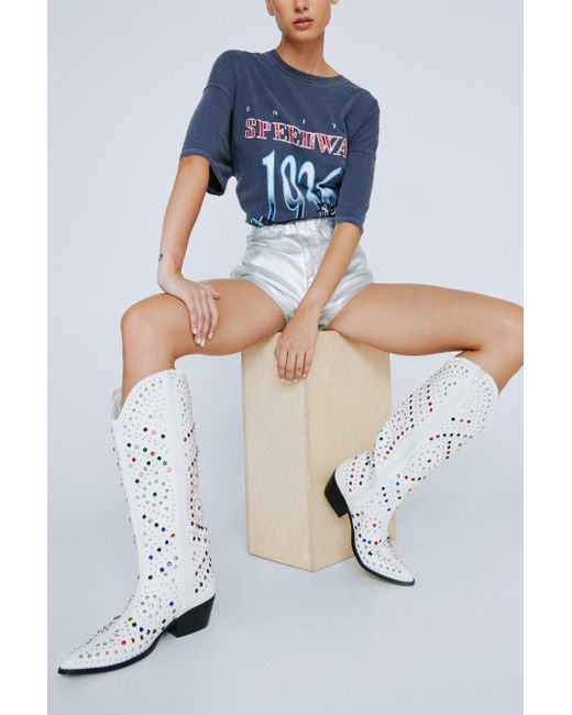 Nasty Gal White Faux Leather Embellished Cowboy Boots