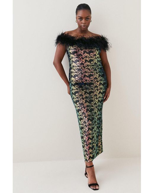 Karen Millen Multicolor Plus Size Sequin Bardot Feather Trim Midaxi Dress