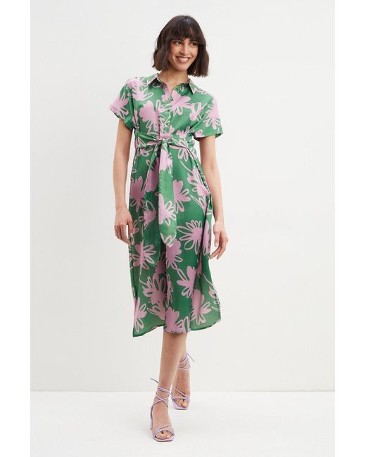 Dorothy Perkins Green Tall Satin Print Belted Shirt Midi Dress