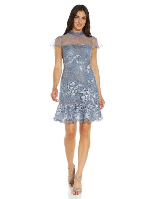 Adrianna Papell Blue Embroidered Lace Flounce Dress