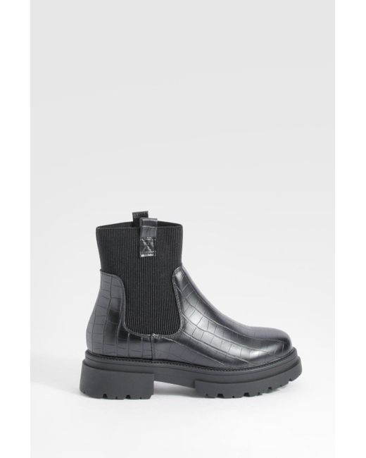 Boohoo Black Wide Fit Double Tab Croc Chunky Chelsea Boots