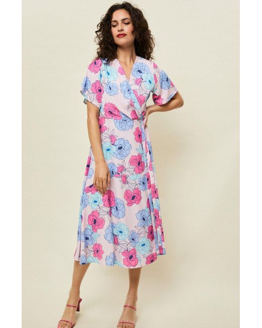 Wallis Petite Pink Floral Print Wrap Midi Dress